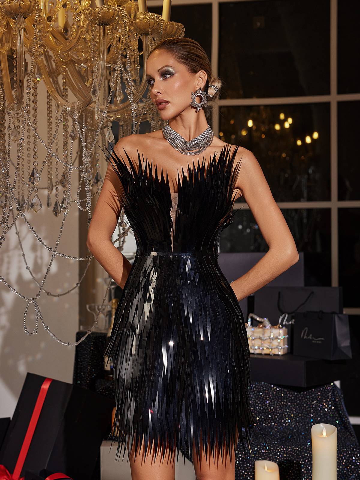 Jimmie Metal Tüy Mini Elbise Siyah