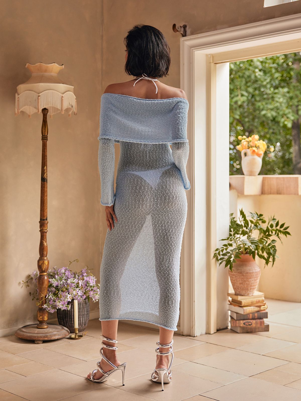 Juliea Off Shoulder Triko Maxi Elbise Mavi