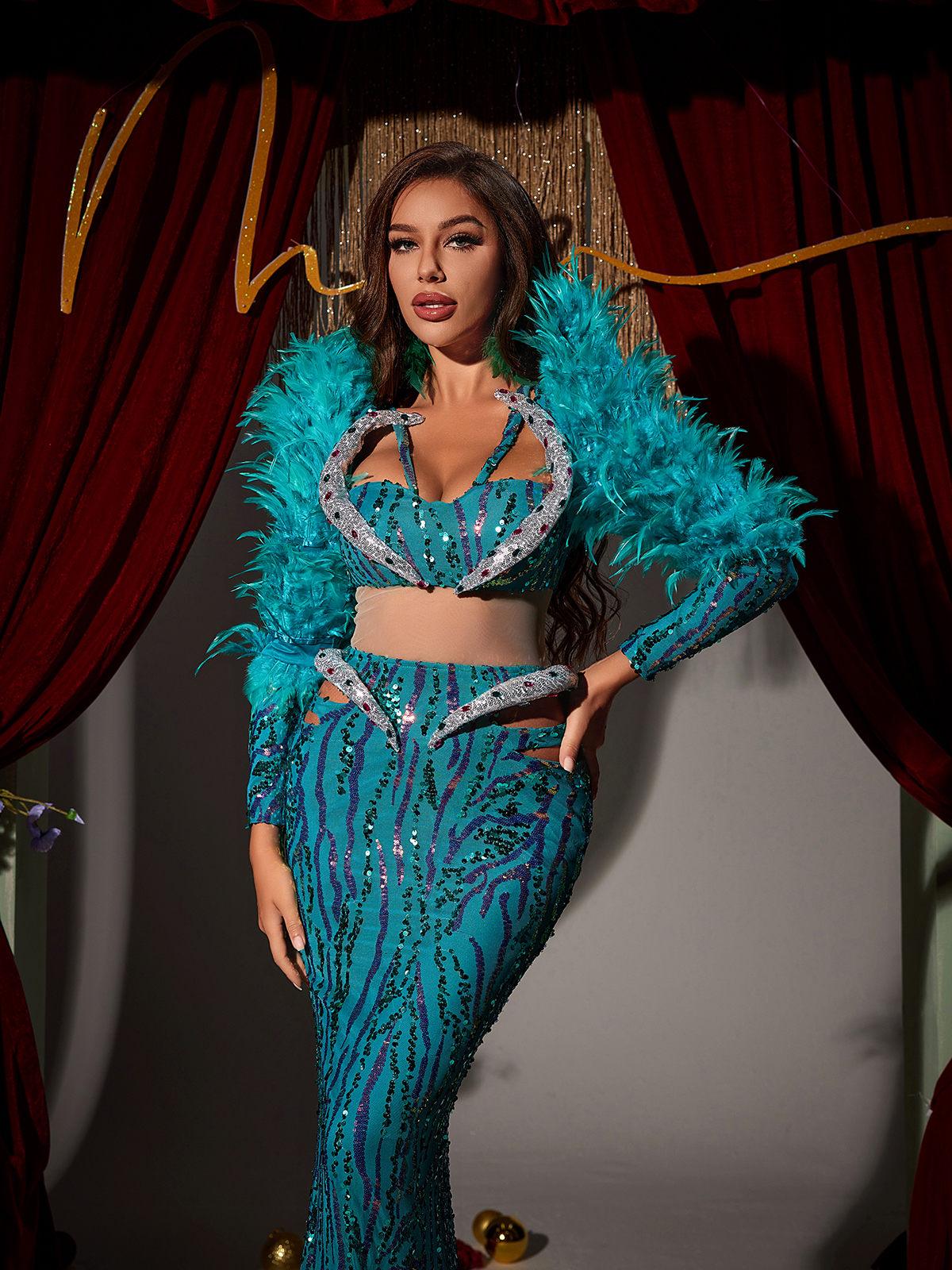 Jurin Yılan Kristal Tüy Maxi Elbise