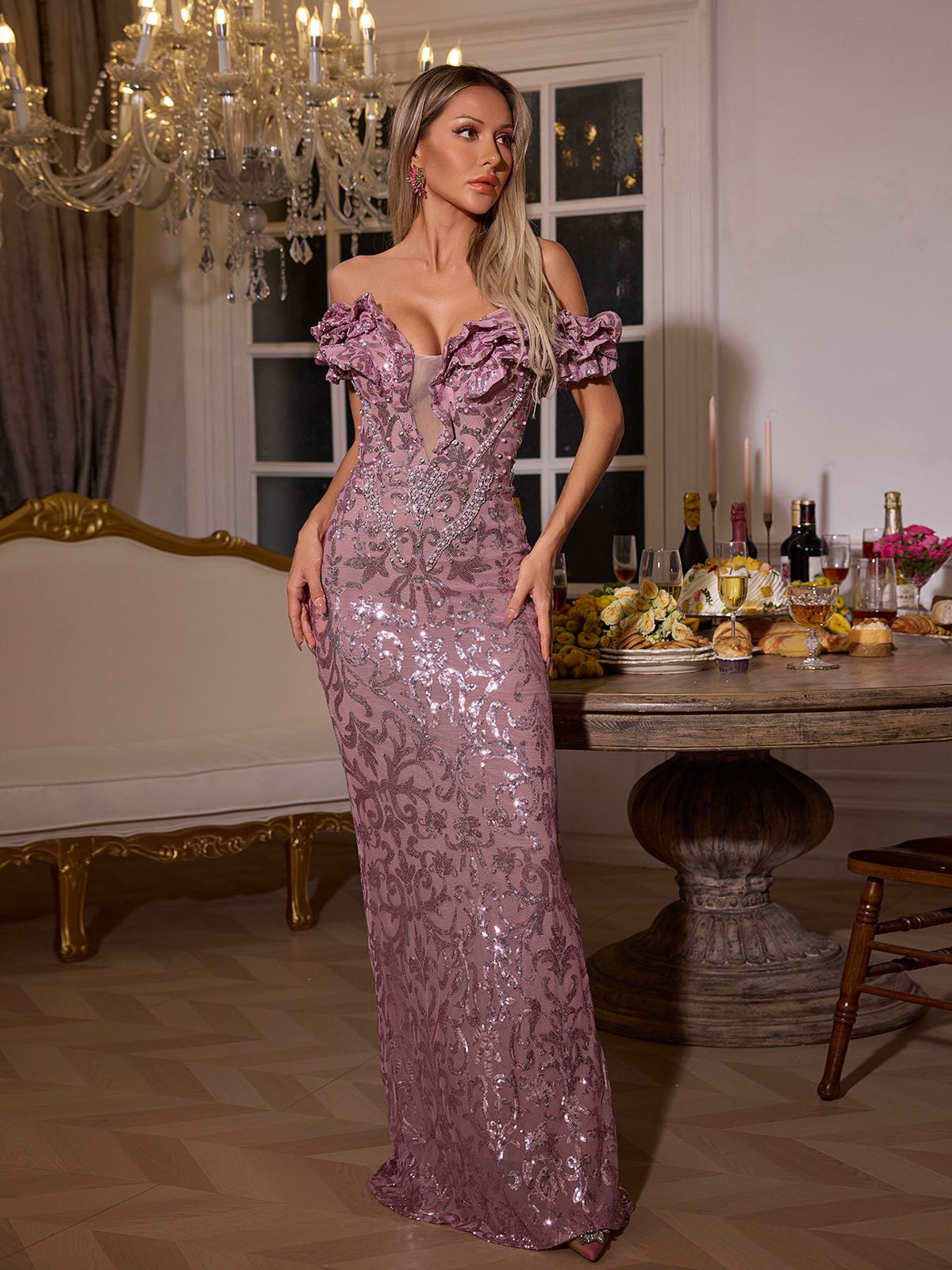 Kaprisha Off Shoulder Payetli Volanlı Maxi Elbise