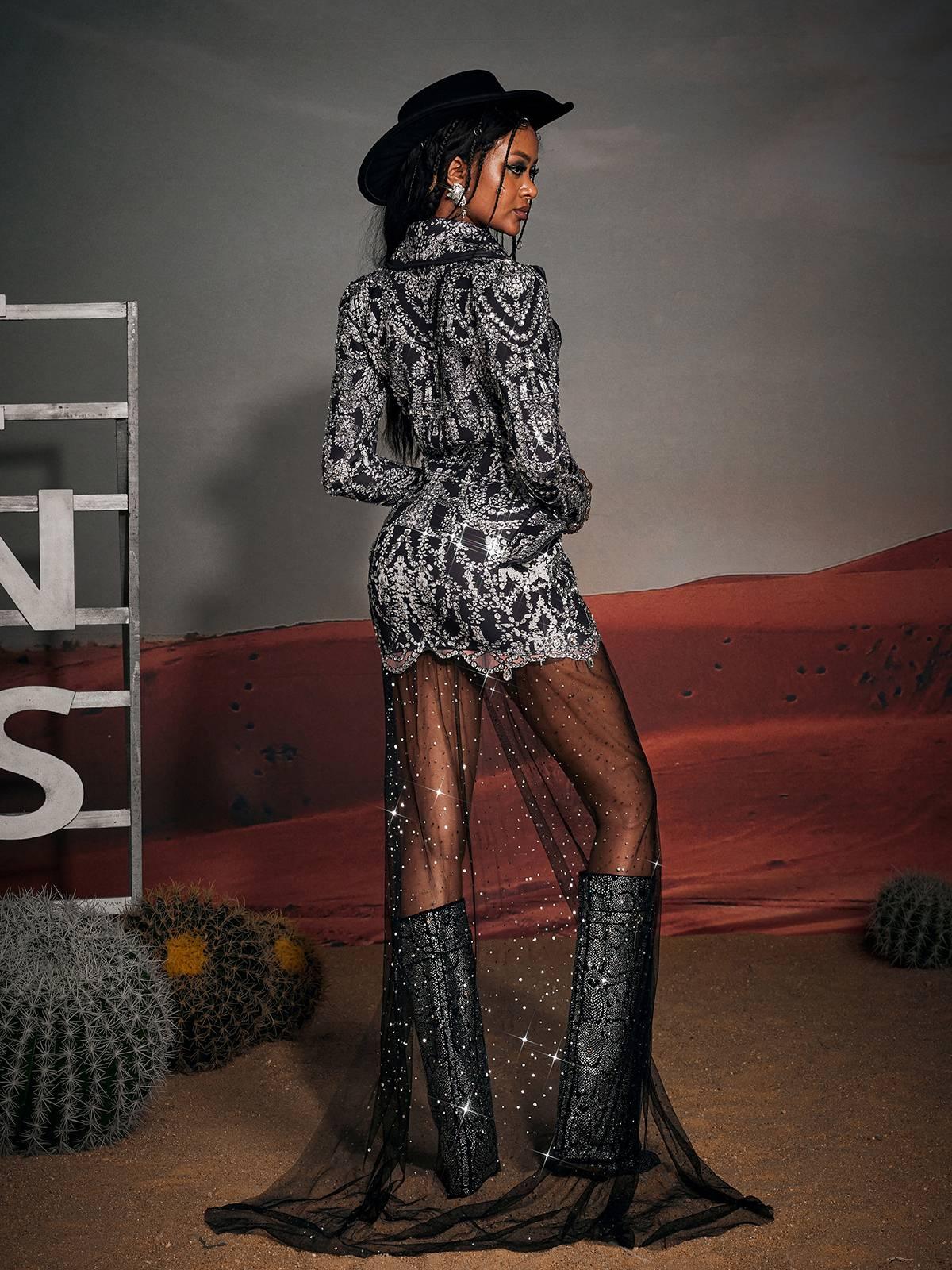 Kaysen Baskılı Rhinestone Drapeli Blazer Elbise