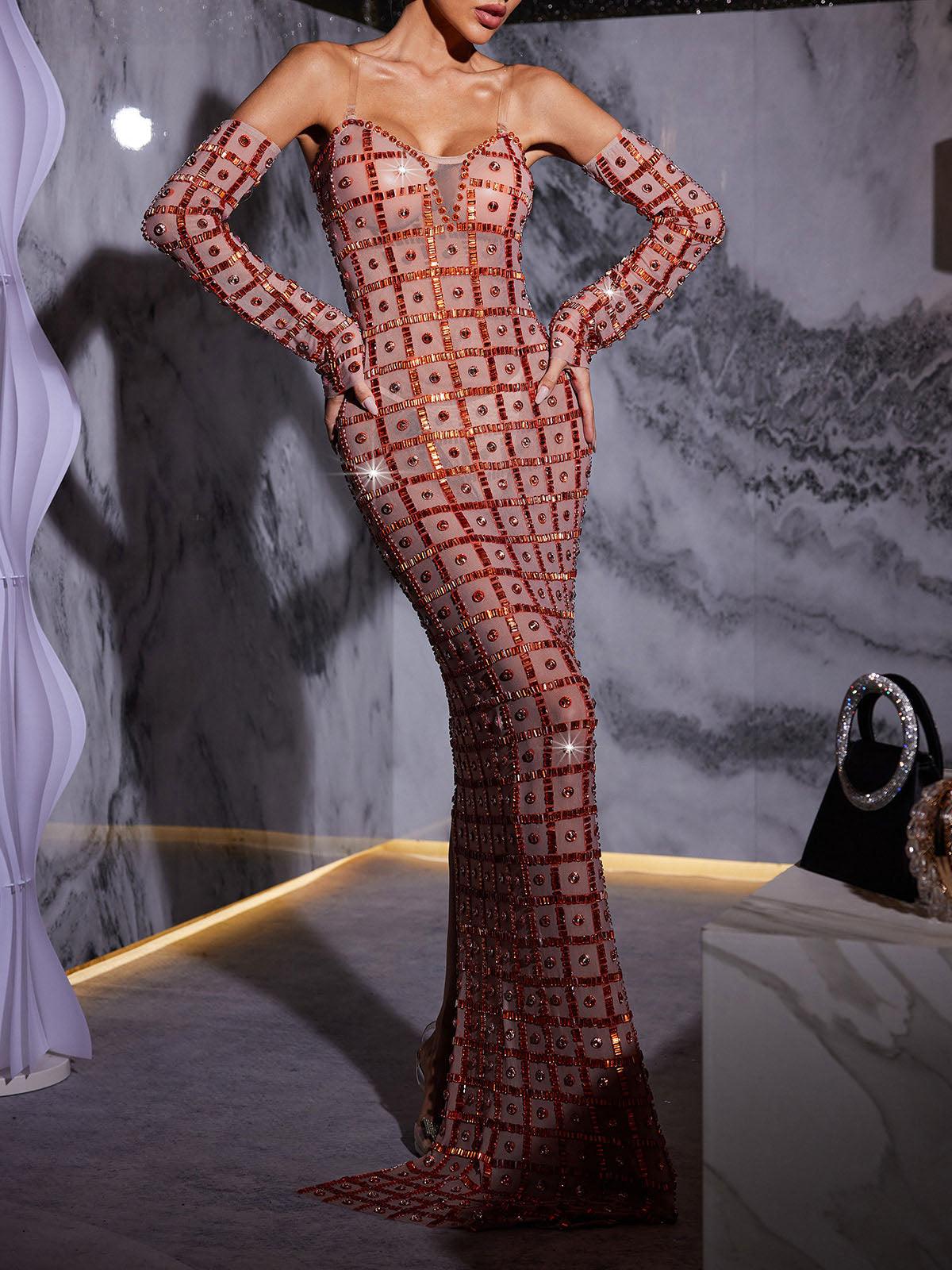 Kieran Rhinestone Ağı Mesh Maxi Elbise