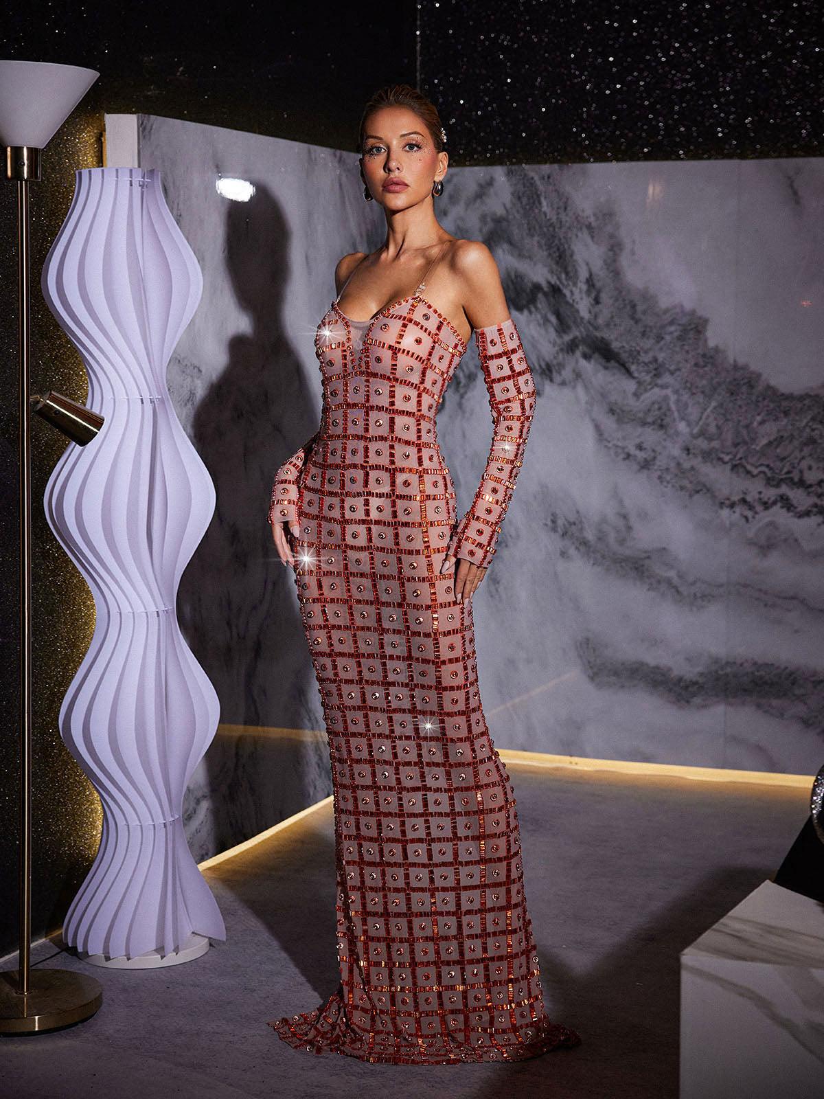 Kieran Rhinestone Ağı Mesh Maxi Elbise