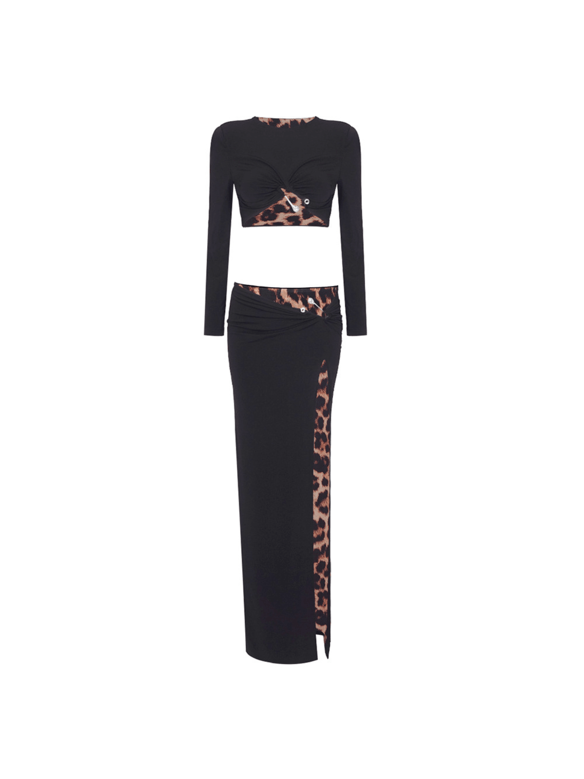 Kitto Uzun Kollu Leopar Yırtmaçlı Etek Takımı