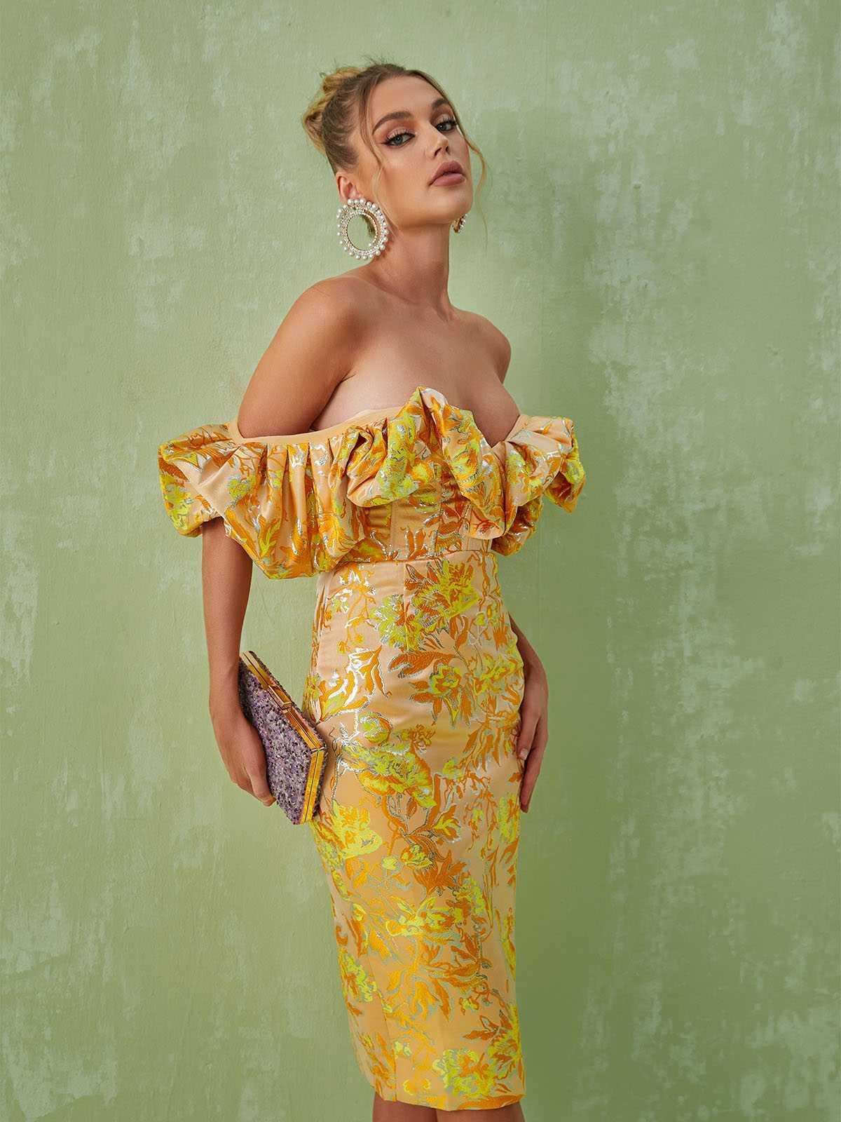 Kore Off Shoulder Jakarlı Midi Elbise