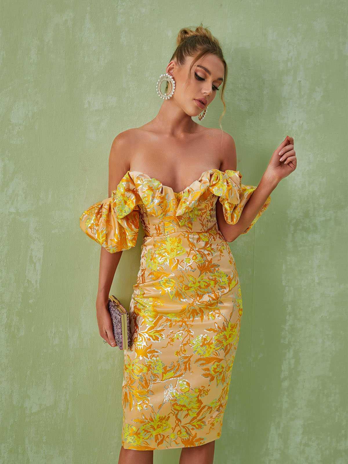 Kore Off Shoulder Jakarlı Midi Elbise