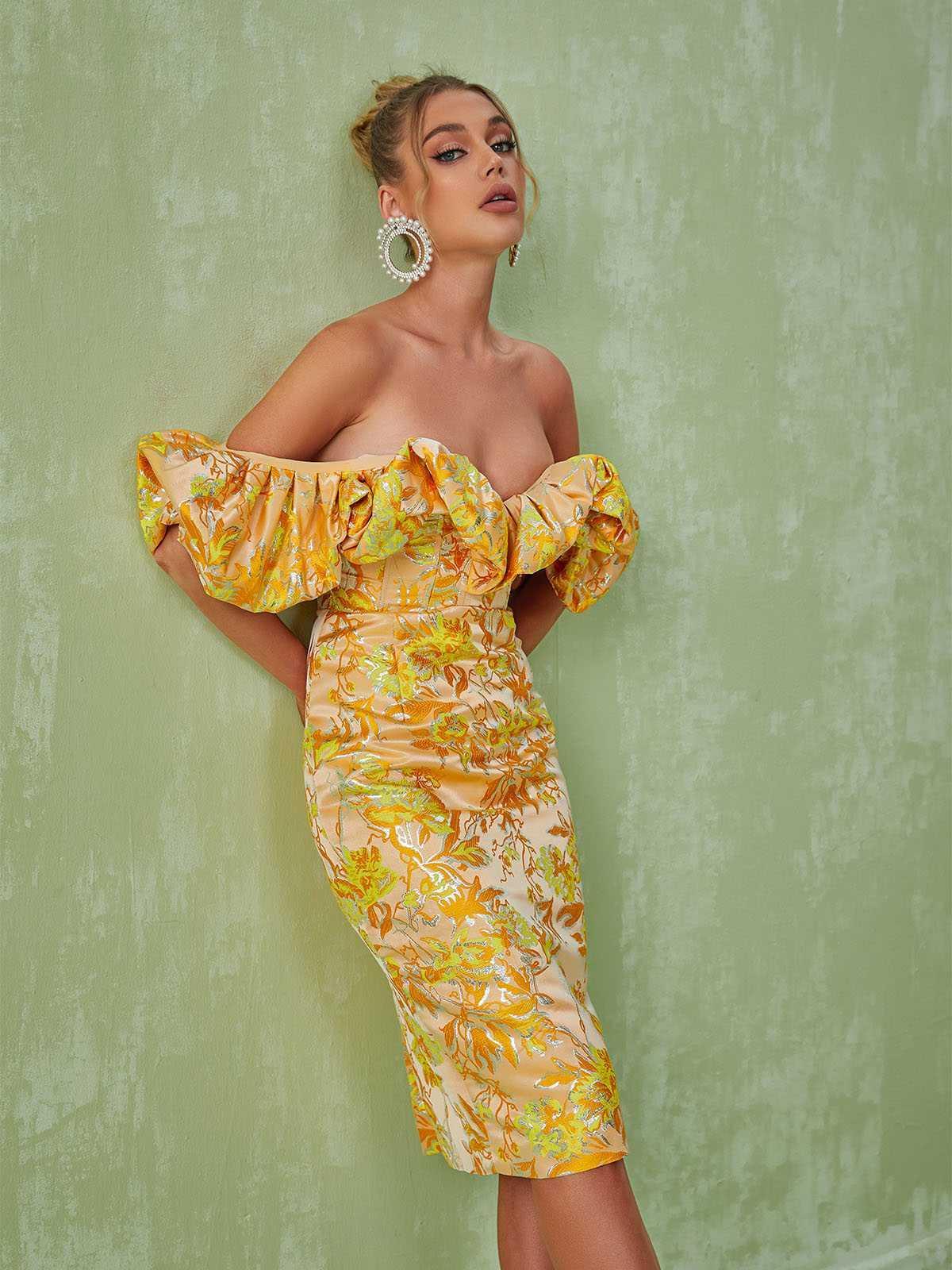 Kore Off Shoulder Jakarlı Midi Elbise