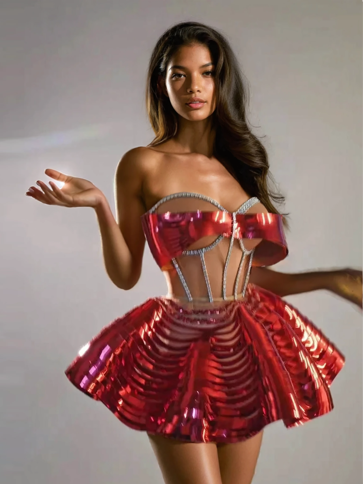 Kretska Kristal Metalik Etek Takımı Kırmızı