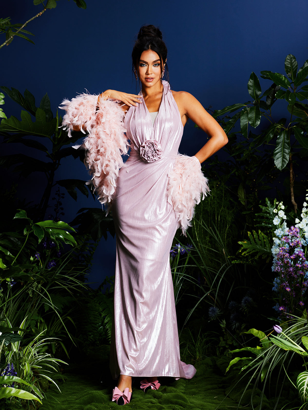 Lahela Halter Yaka Çiçekli Maxi Elbise ve Şal