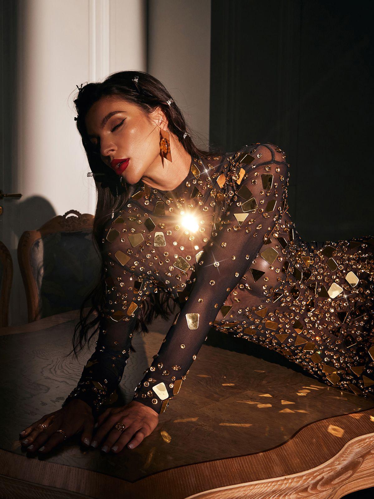 Liliana Yüksek Yaka Akrilik File Maxi Elbise