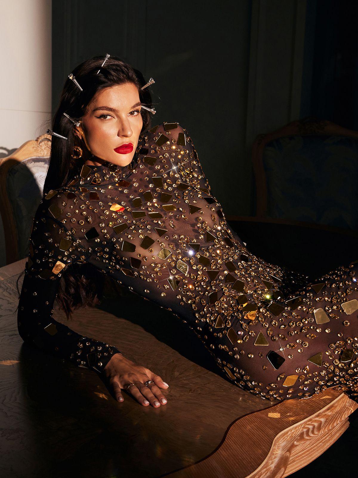 Liliana Yüksek Yaka Akrilik File Maxi Elbise