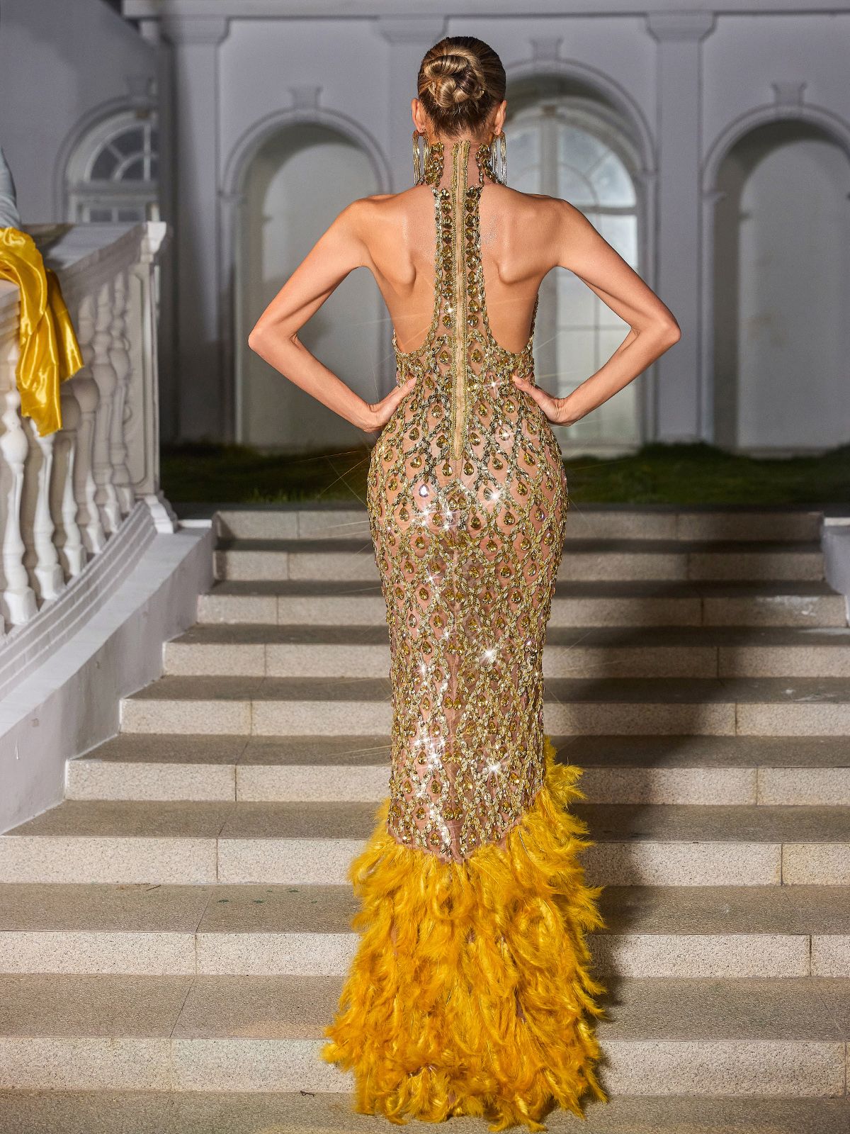 Liora Kristal Tüy File Maxi Elbise Altın