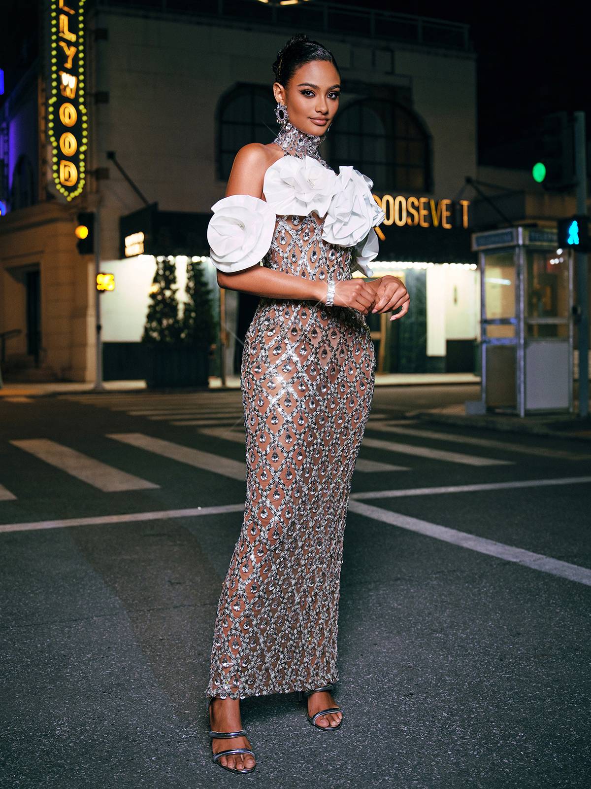 Liora Çiçek Payetli Kristal Maxi Elbise