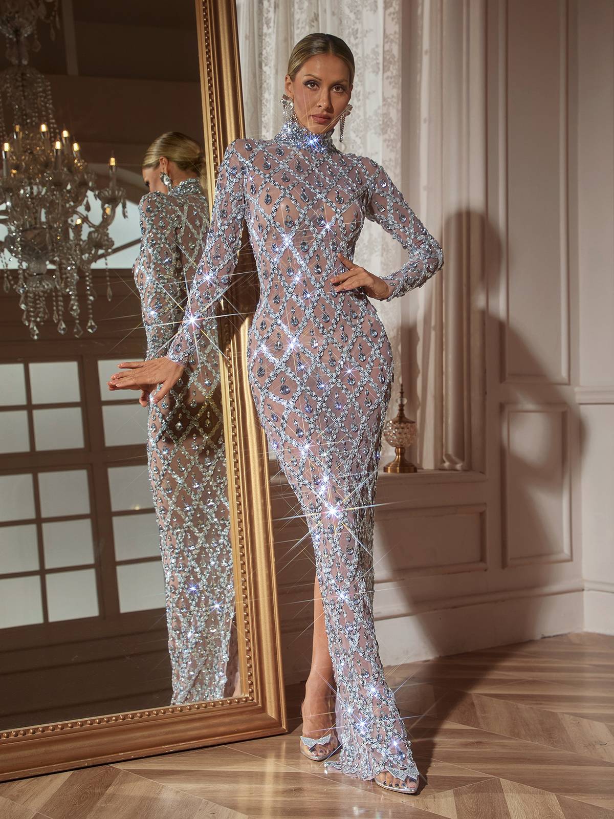 Liora Uzun Kollu Pullu Kristal Maxi Elbise Gümüş