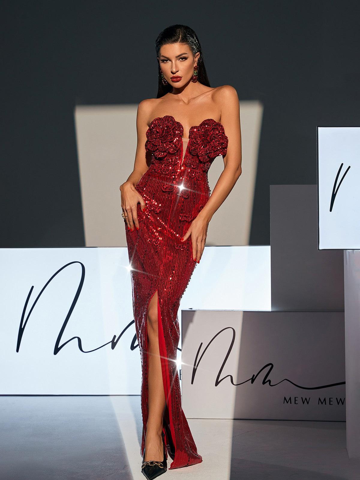 Lorelei Straplez Çiçek Payet Yırtmaçlı Elbise - Şarap Rengi