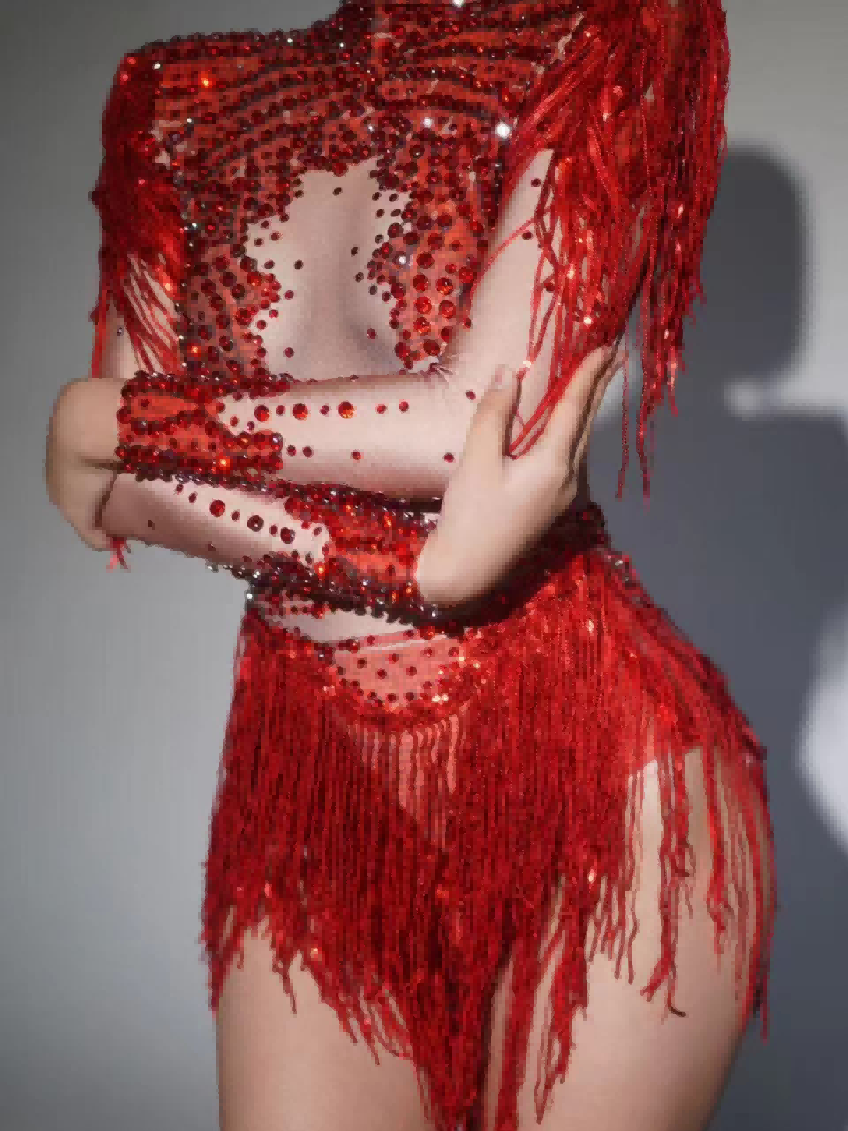 Lorvain Rhinestone Fringe Bodysuit Kırmızı