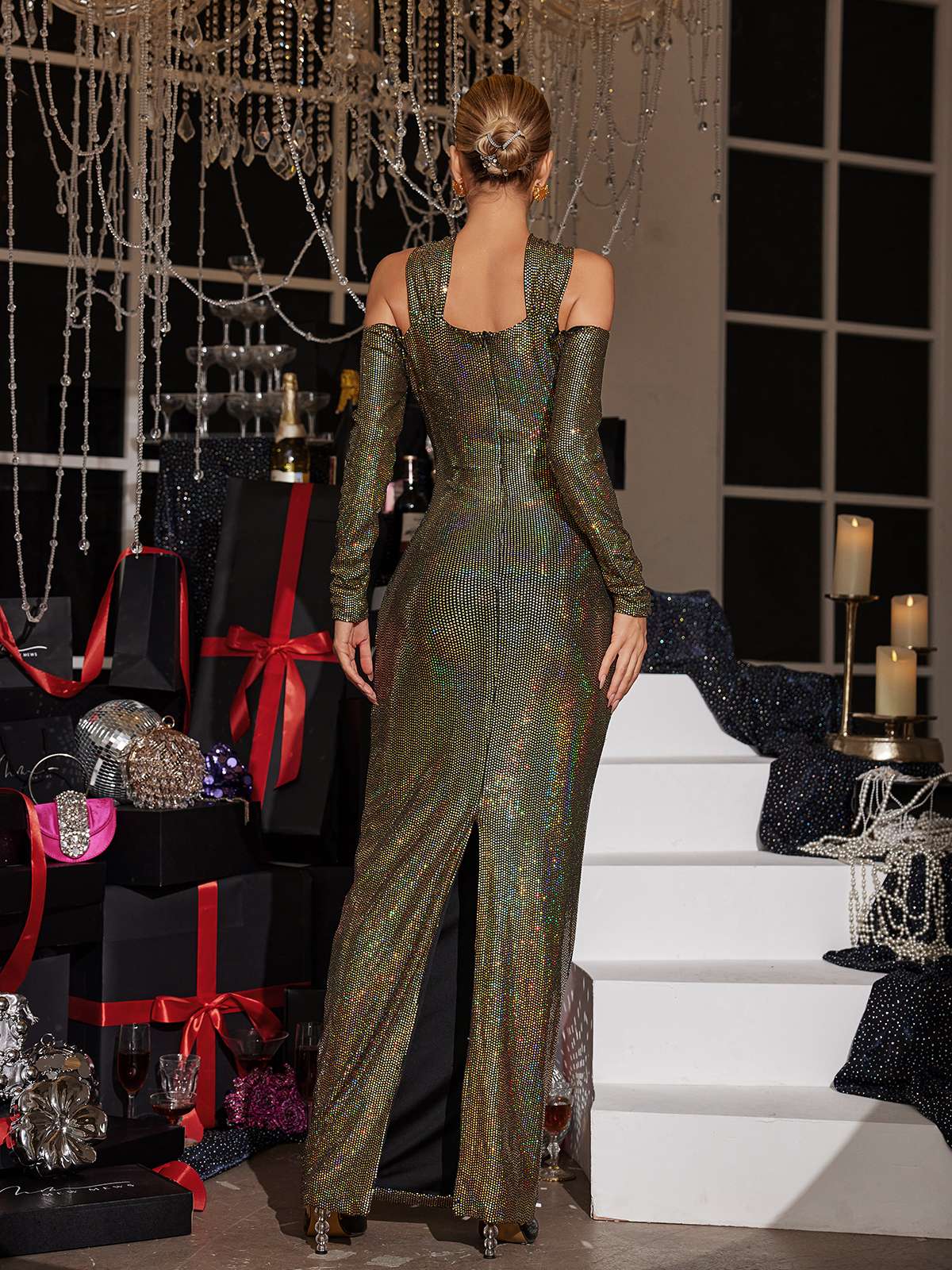 Zeytin Rengi Lowen Çiçek Kesim Payetli Maxi Elbise