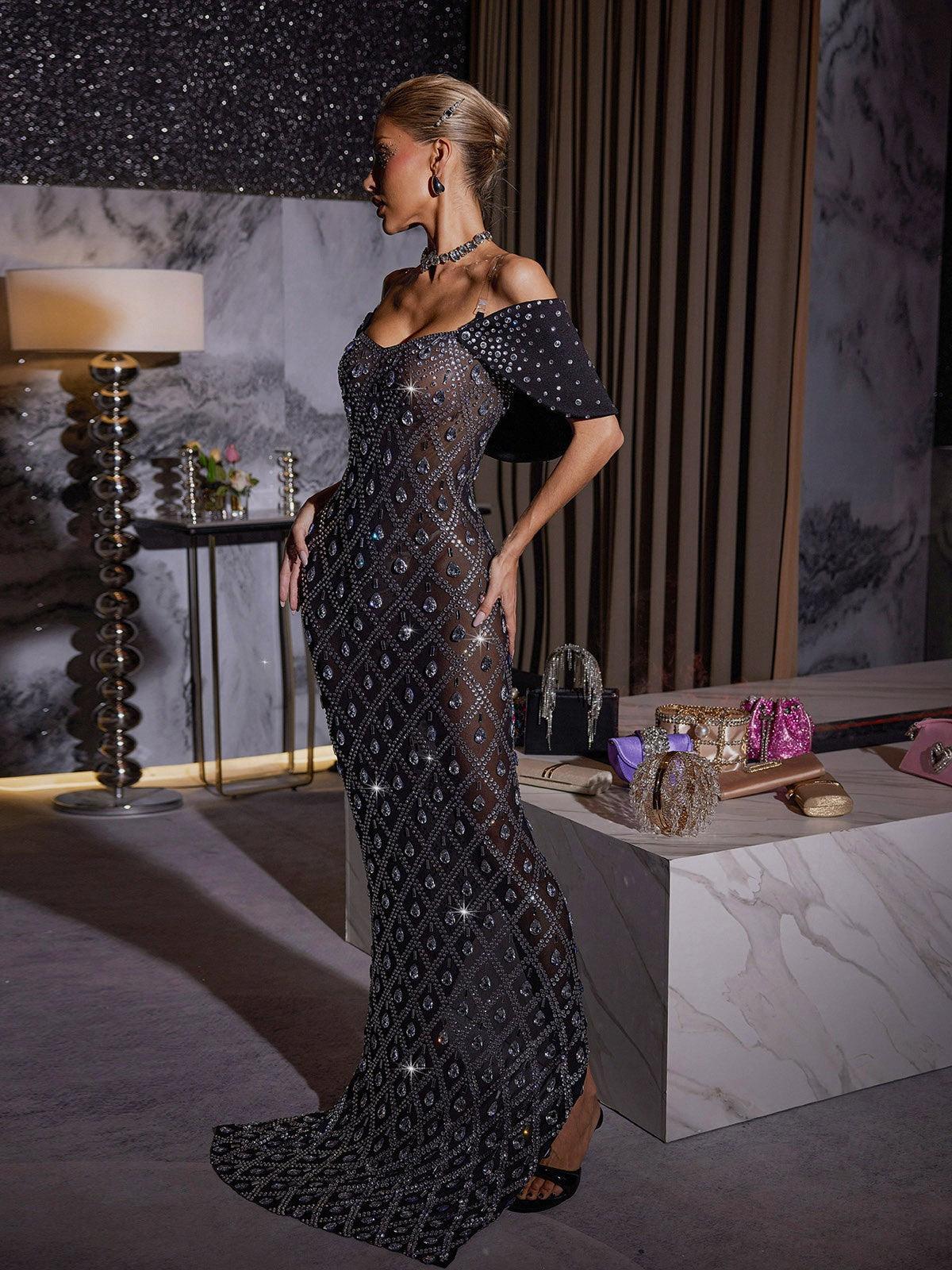 Lucca Rhinestone Mesh Maxi Elbise