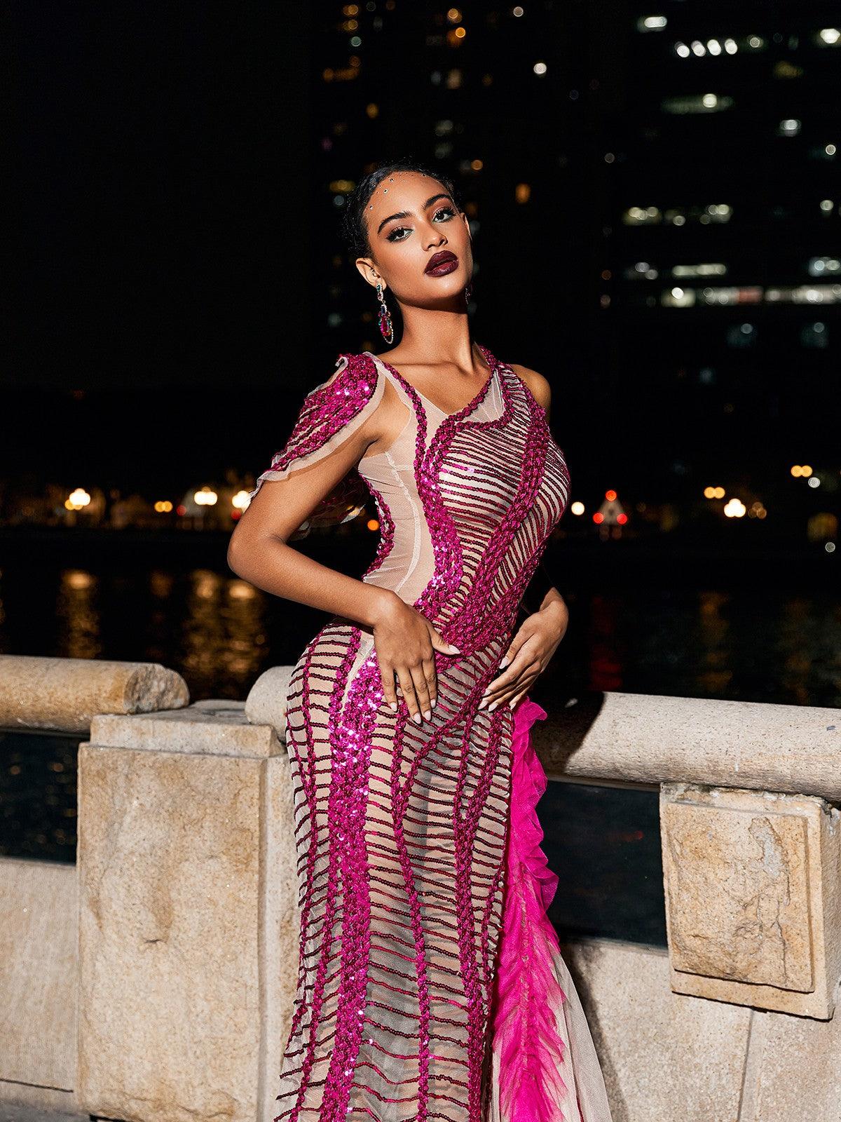 Lyda Drapeli Kesik Payetli File Elbise - Canlı Pembe