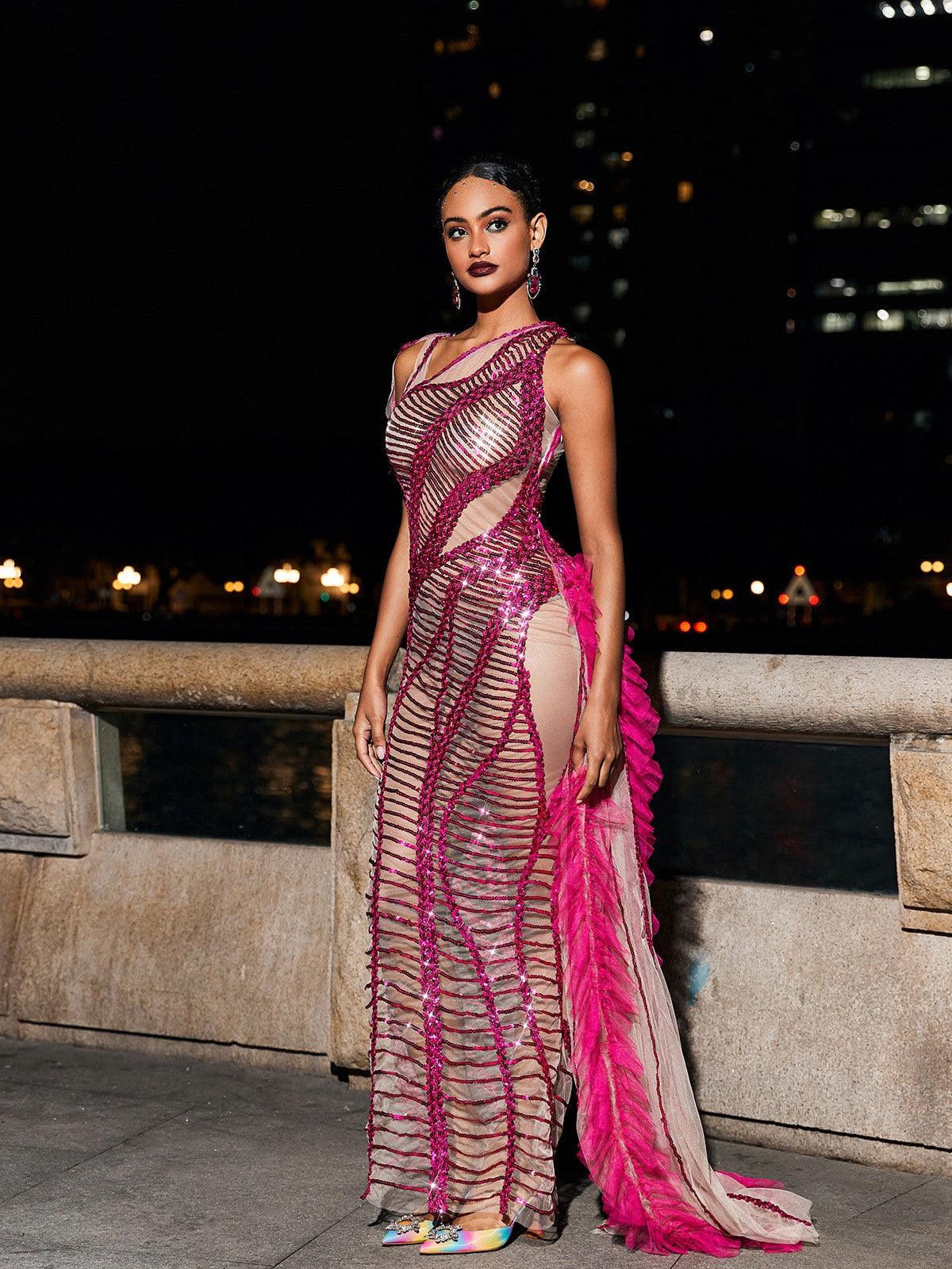 Lyda Drapeli Kesik Payetli File Elbise - Canlı Pembe