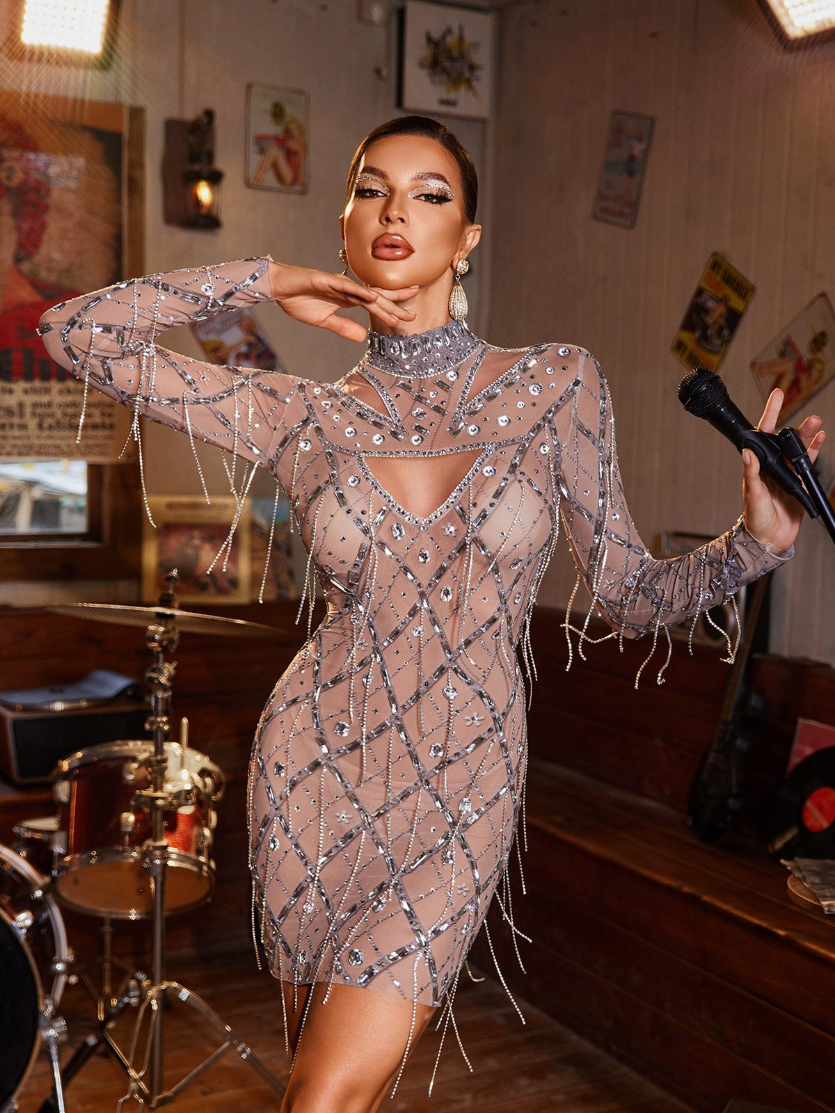 Lyrix Kristal Fringe File Mini Elbise