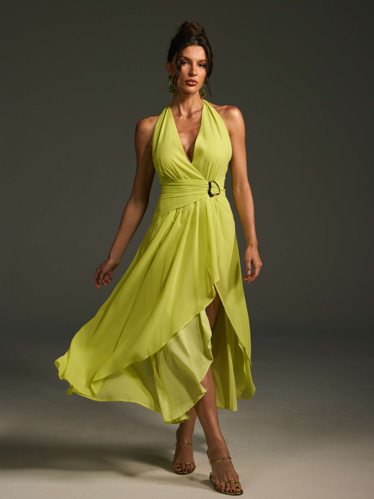 Malha V Yaka Tokalı Midi Elbise