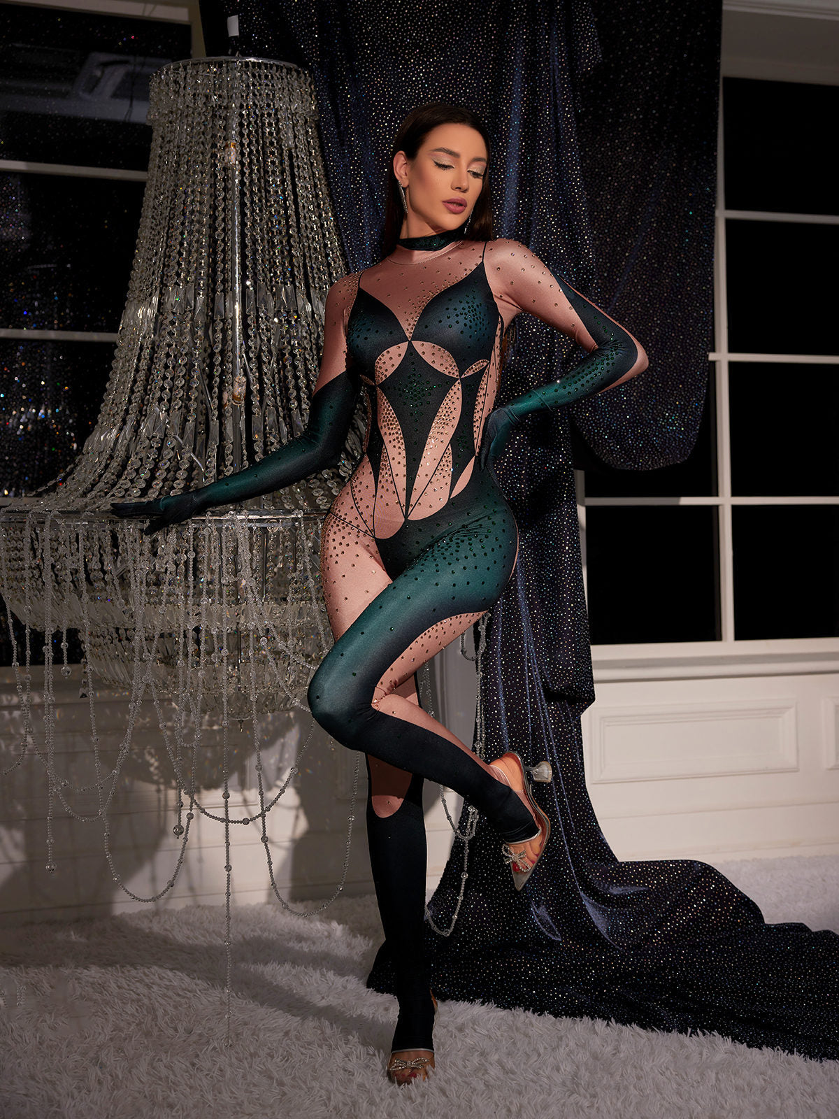 Metra Vücut Baskılı Rhinestone Eldiven Tulum Yeşil