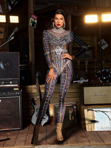 Micaela Baskılı Rhinestone Tulum