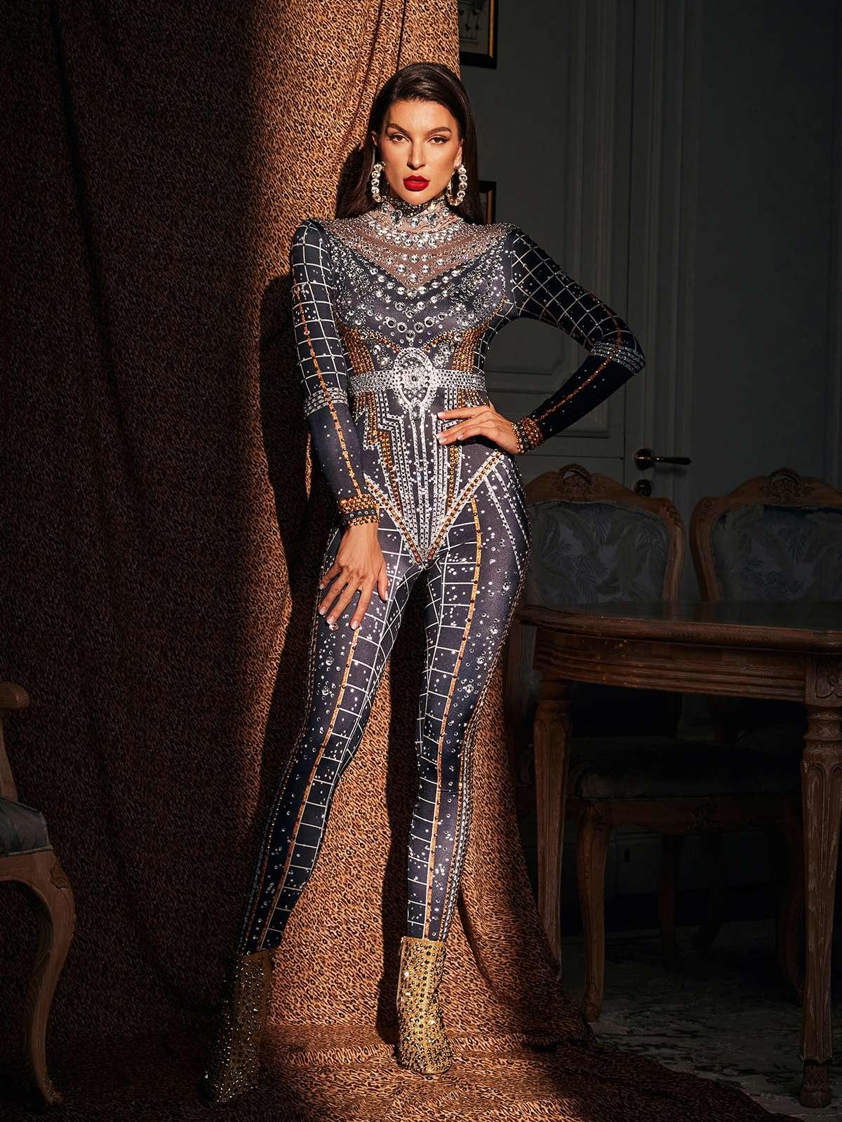 Micaela Baskılı Rhinestone Tulum