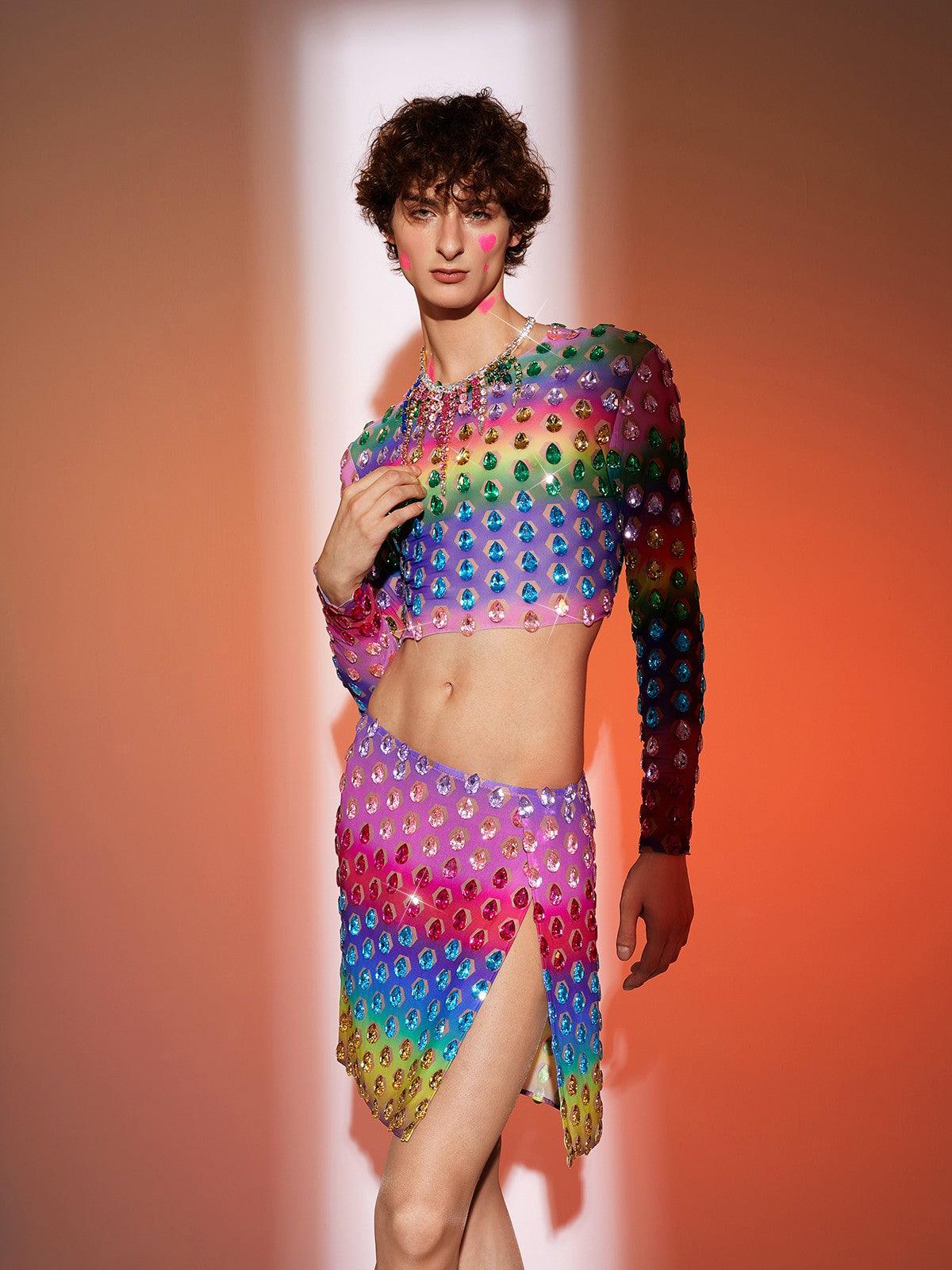 Micaiah Uzun Kollu Gökkuşağı Rhinestone Üst Takım