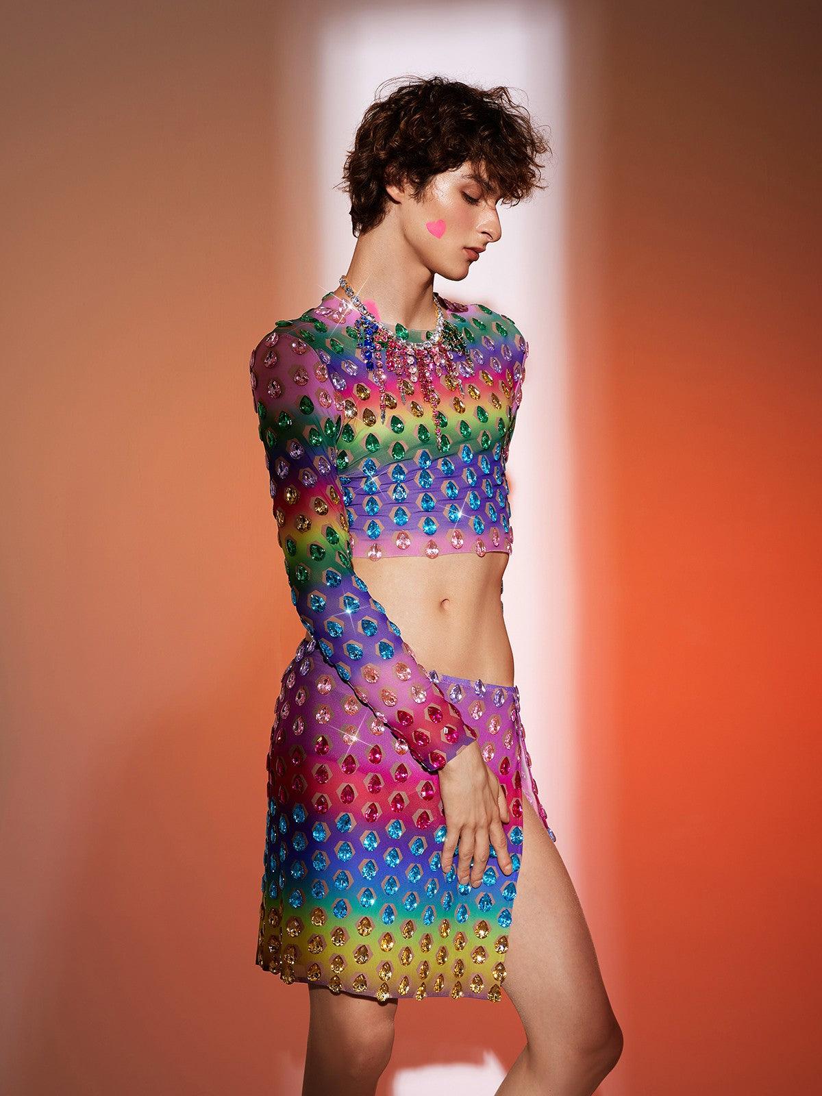 Micaiah Uzun Kollu Gökkuşağı Rhinestone Üst Takım