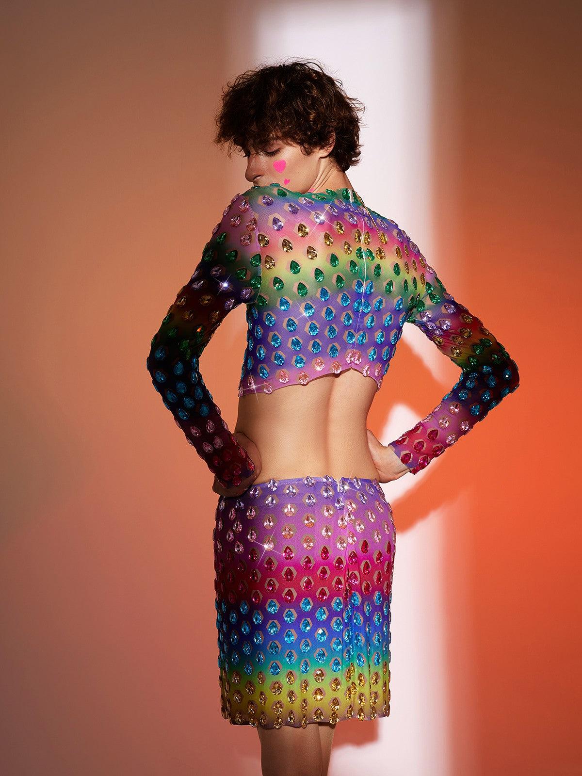 Micaiah Uzun Kollu Gökkuşağı Rhinestone Üst Takım