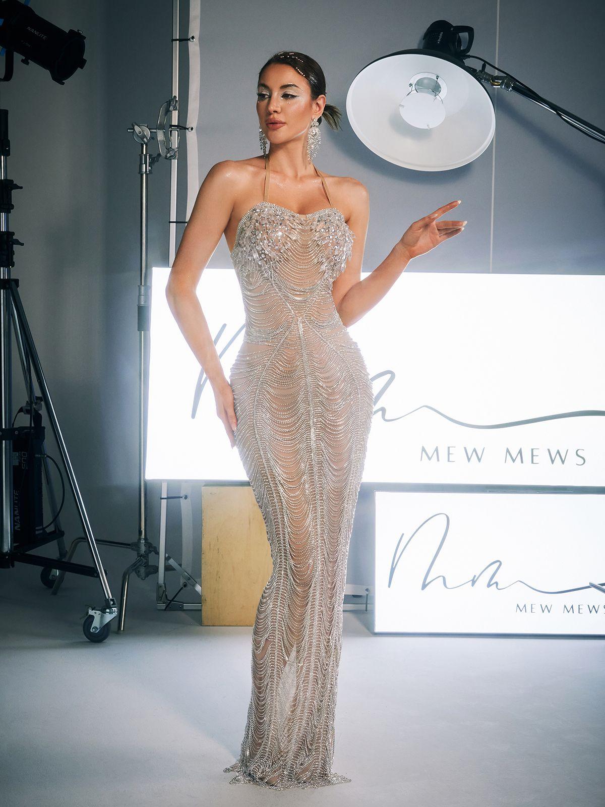 Misael Halter Yaka Kristal Zincir Maxi Elbise