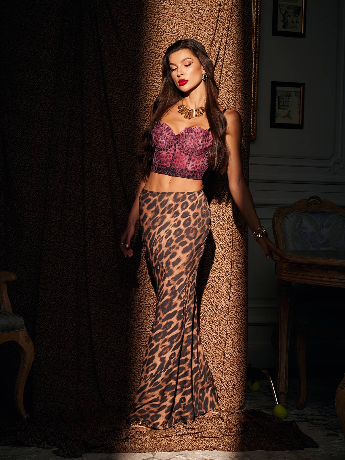 Mitchell Spagetti Leopar Desenli Kırmızı Üst