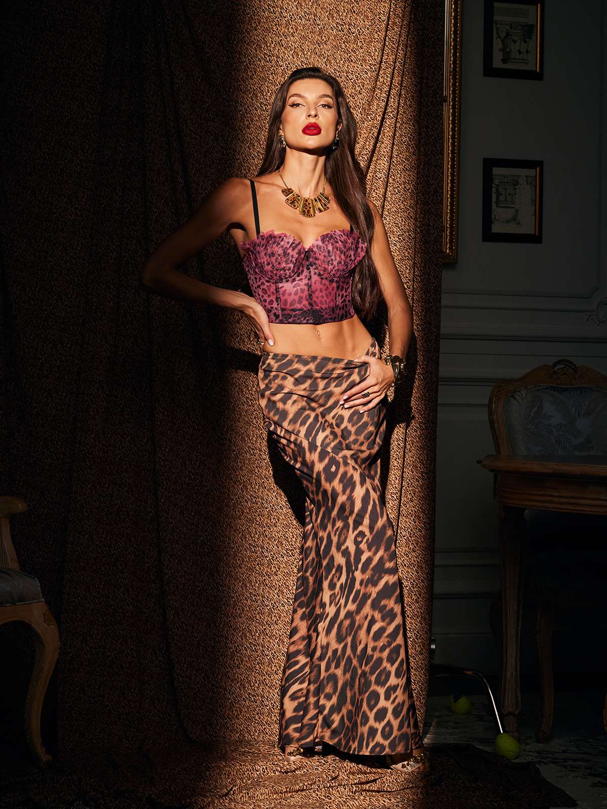 Mitchell Spagetti Leopar Desenli Kırmızı Üst