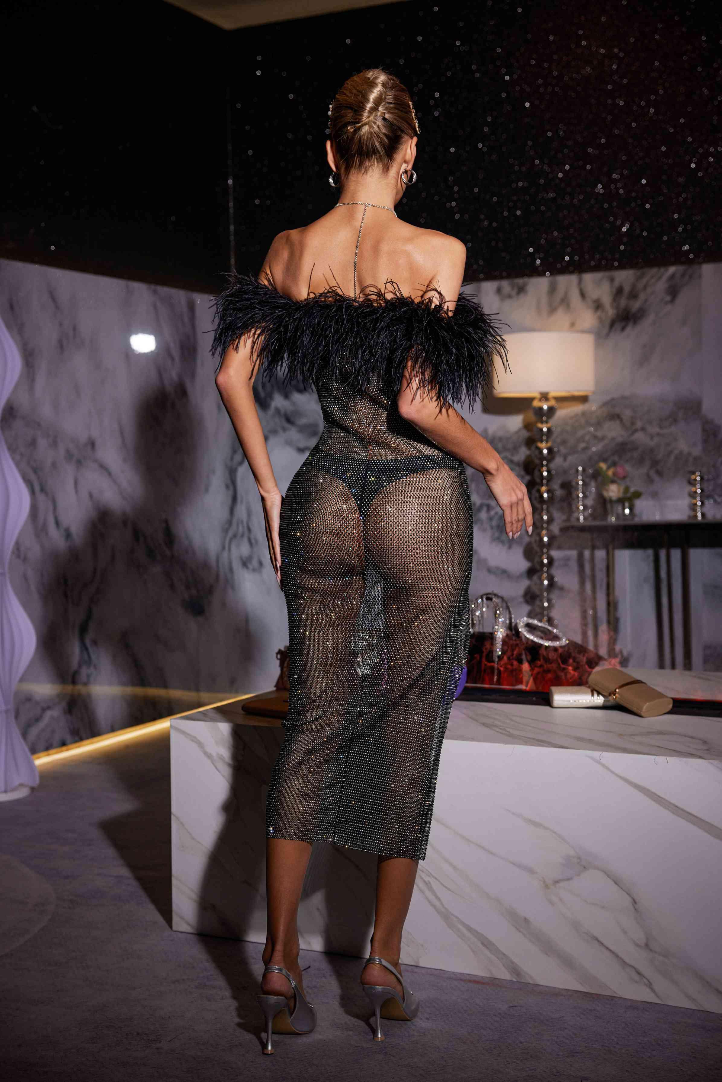 Myriam Tüy Elmas Ağ Mesh Midi Elbise