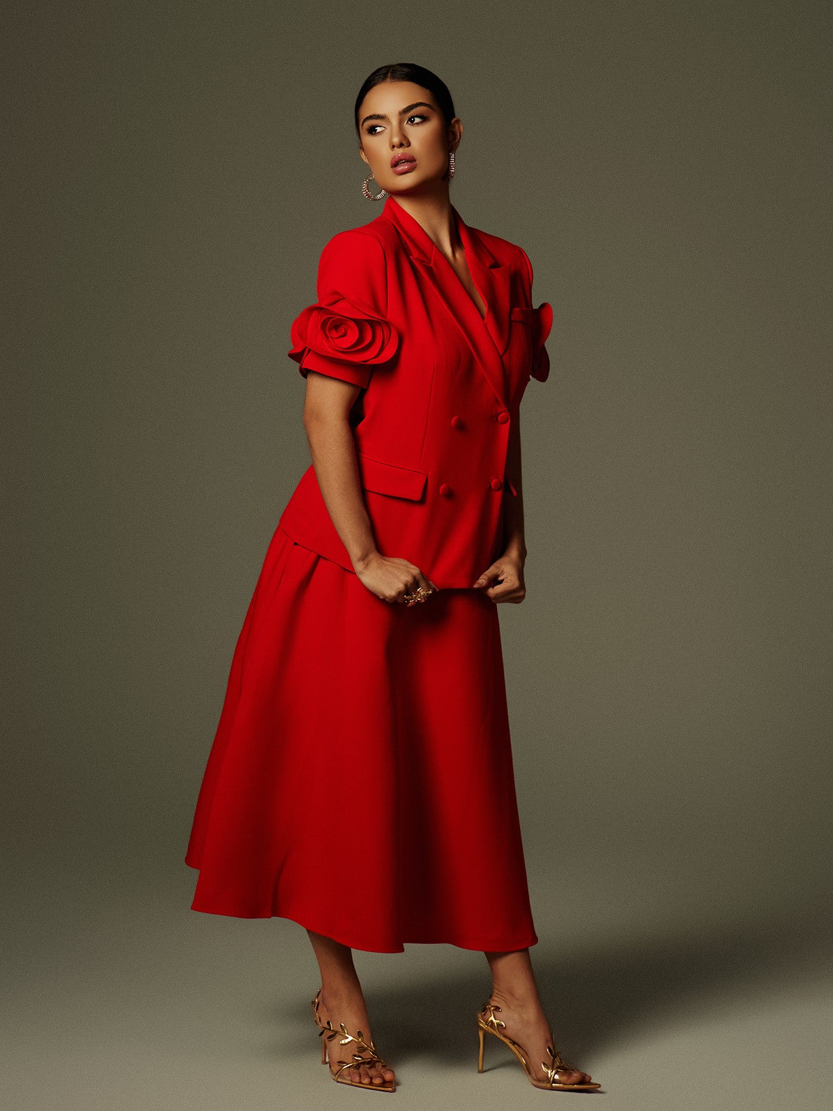 Naniel Kısa Kol Düğmeli Çiçekli Blazer Set