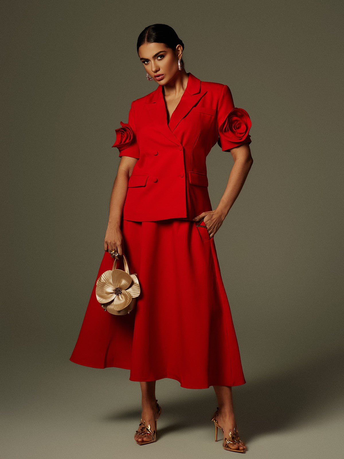 Naniel Kısa Kol Düğmeli Çiçekli Blazer Set