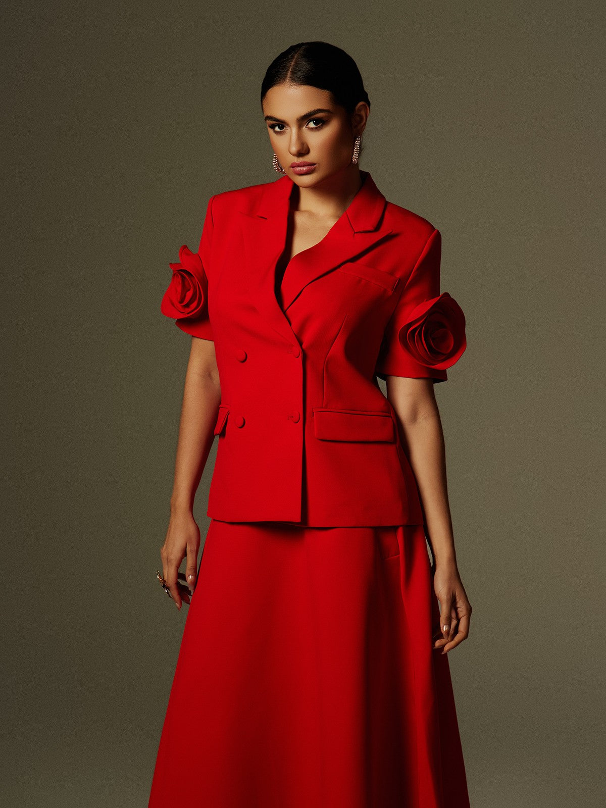 Naniel Kısa Kol Düğmeli Çiçekli Blazer Set