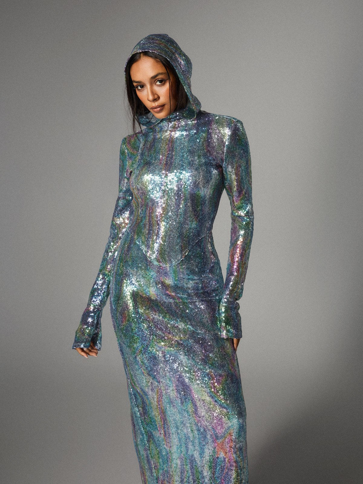 Nebraska Ombre Uzun Kollu Kapüşonlu Maxi Elbise Açık Mavi