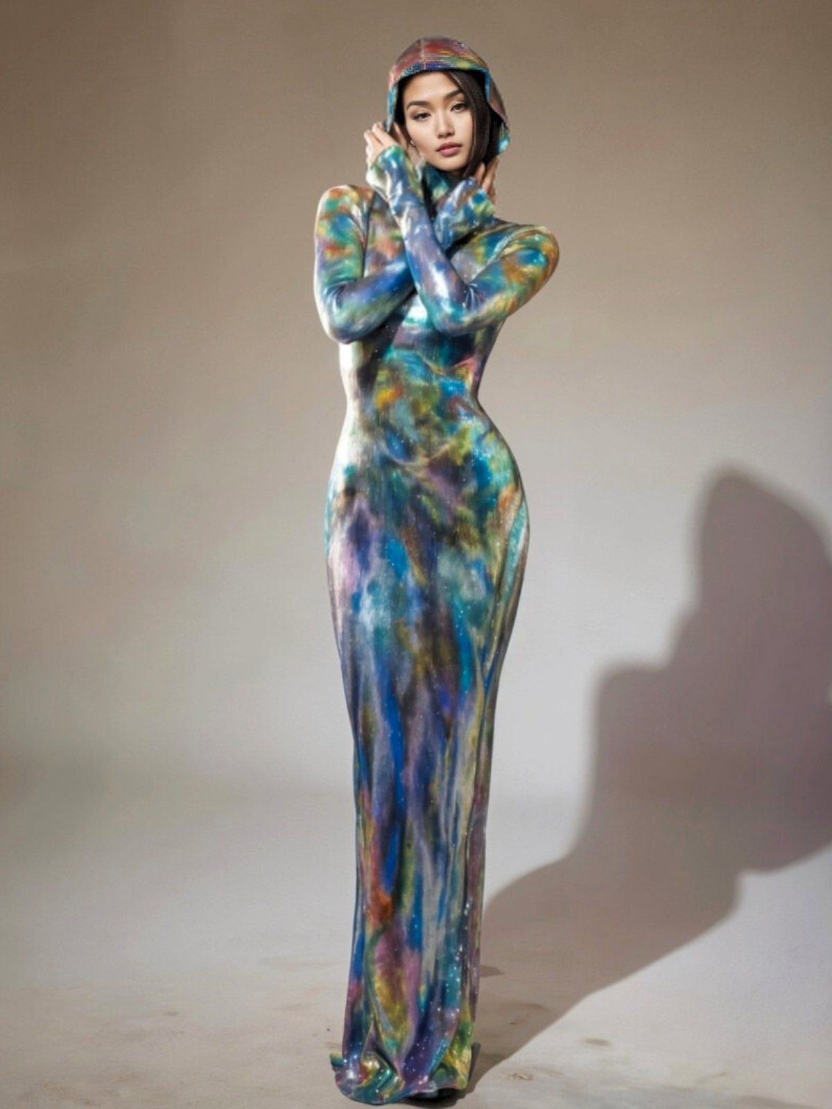 Nebraska Ombre Uzun Kollu Kapüşonlu Maxi Elbise Mavi