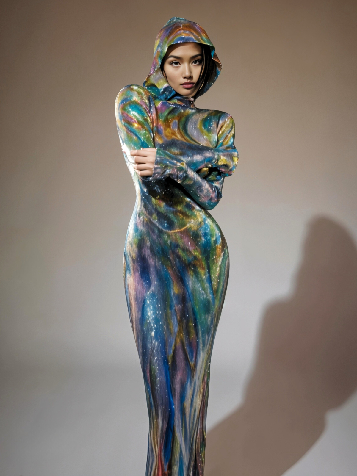 Nebraska Ombre Uzun Kollu Kapüşonlu Maxi Elbise Mavi