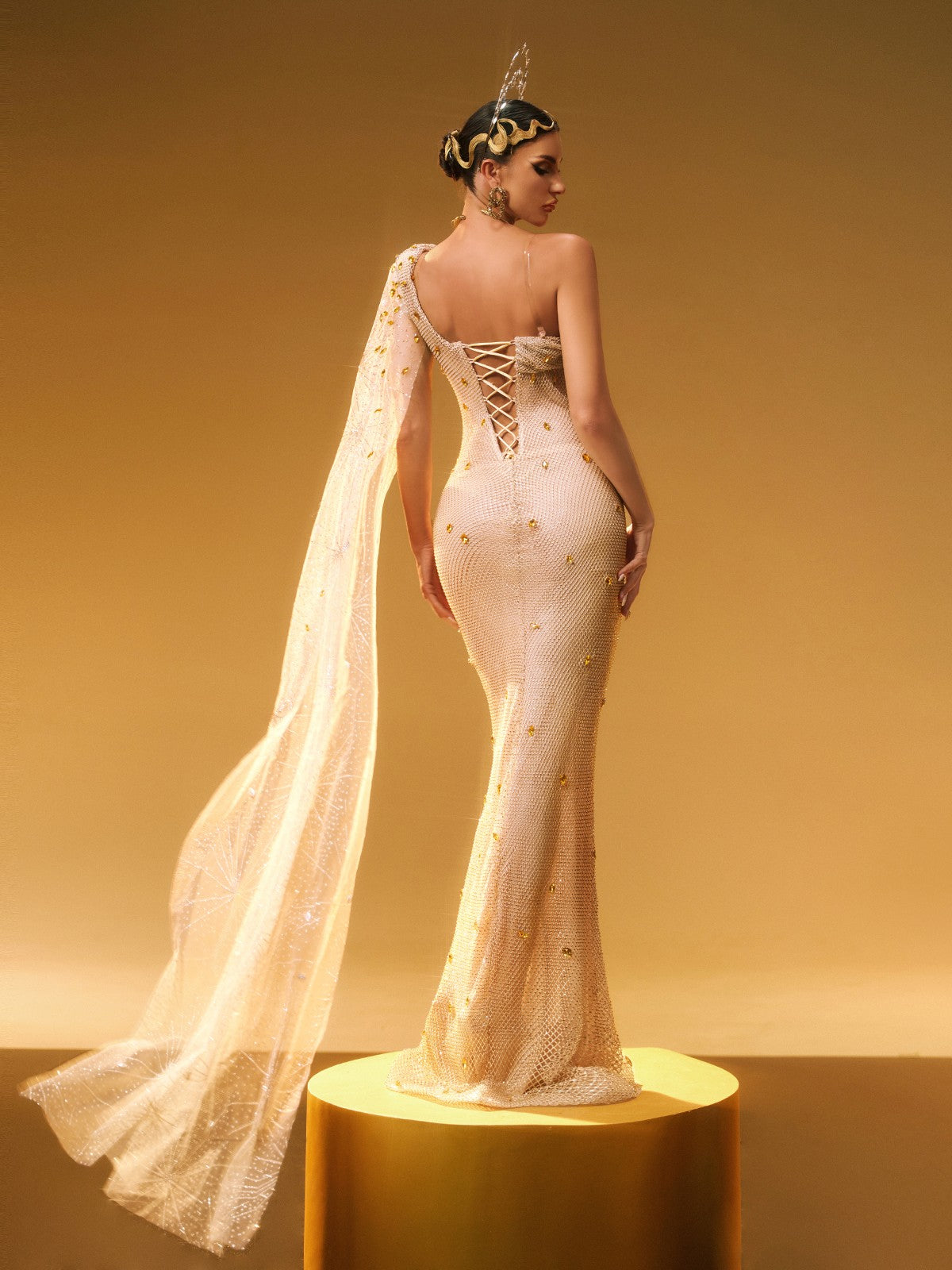 Nebulae Tek Omuz Rhinestone Maxi Elbise