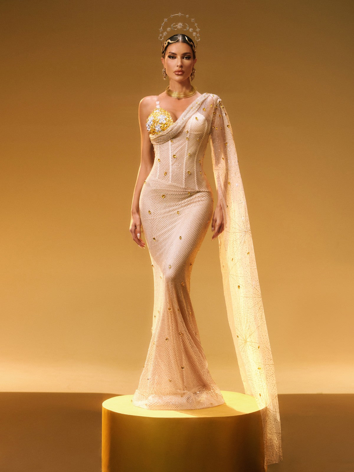 Nebulae Tek Omuz Rhinestone Maxi Elbise