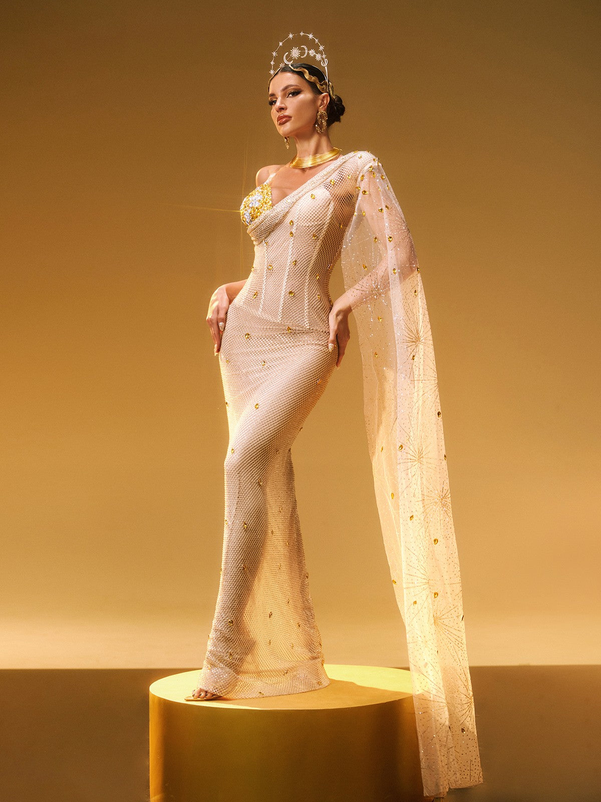 Nebulae Tek Omuz Rhinestone Maxi Elbise