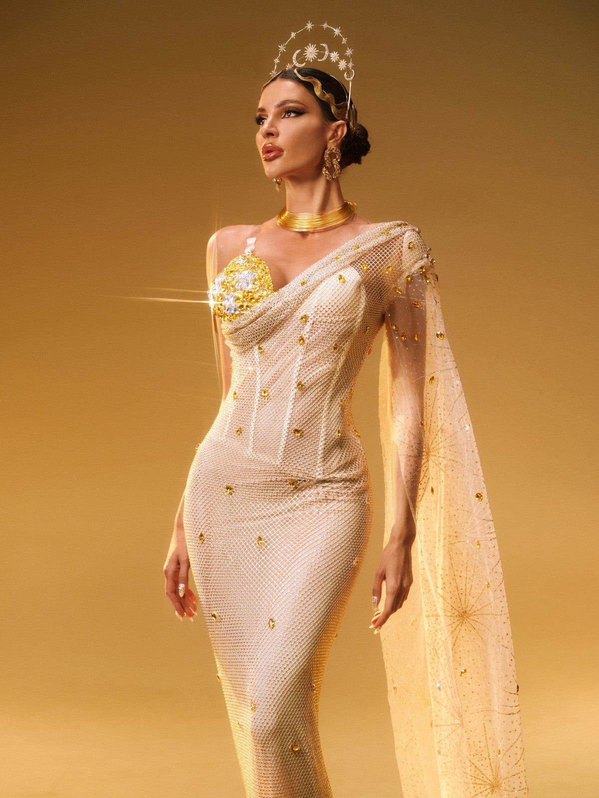 Nebulae Tek Omuz Rhinestone Maxi Elbise