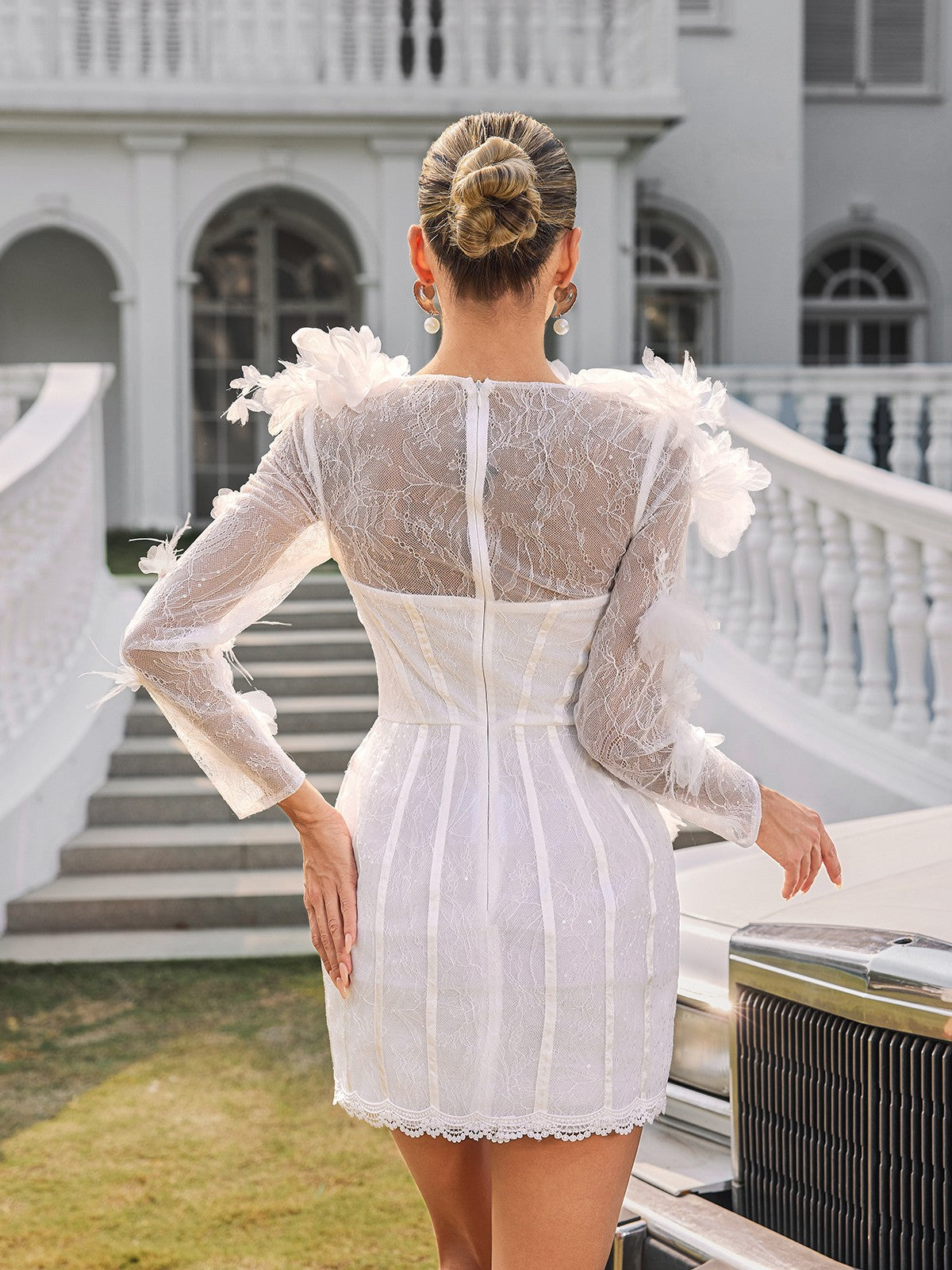 Nexara Uzun Kollu Çiçek Süslemeli Mini Elbise