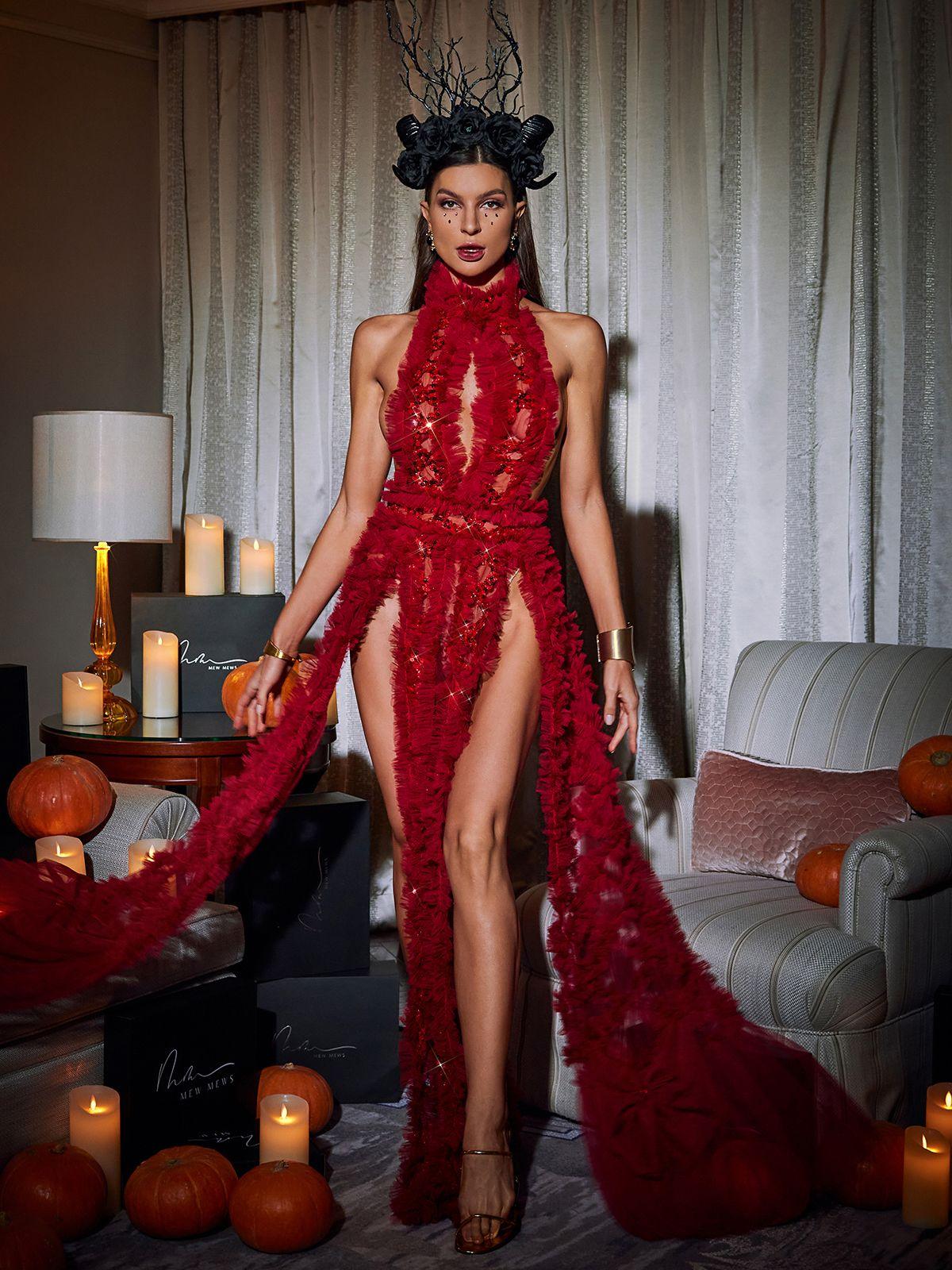 Niam Yüksek Yaka Tül Elbise Kırmızı