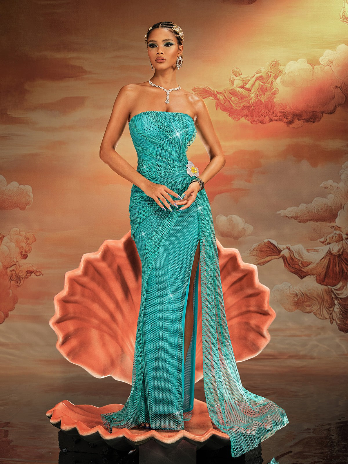 Norbert Straplez Drapeli Yırtmaçlı Maxi Elbise