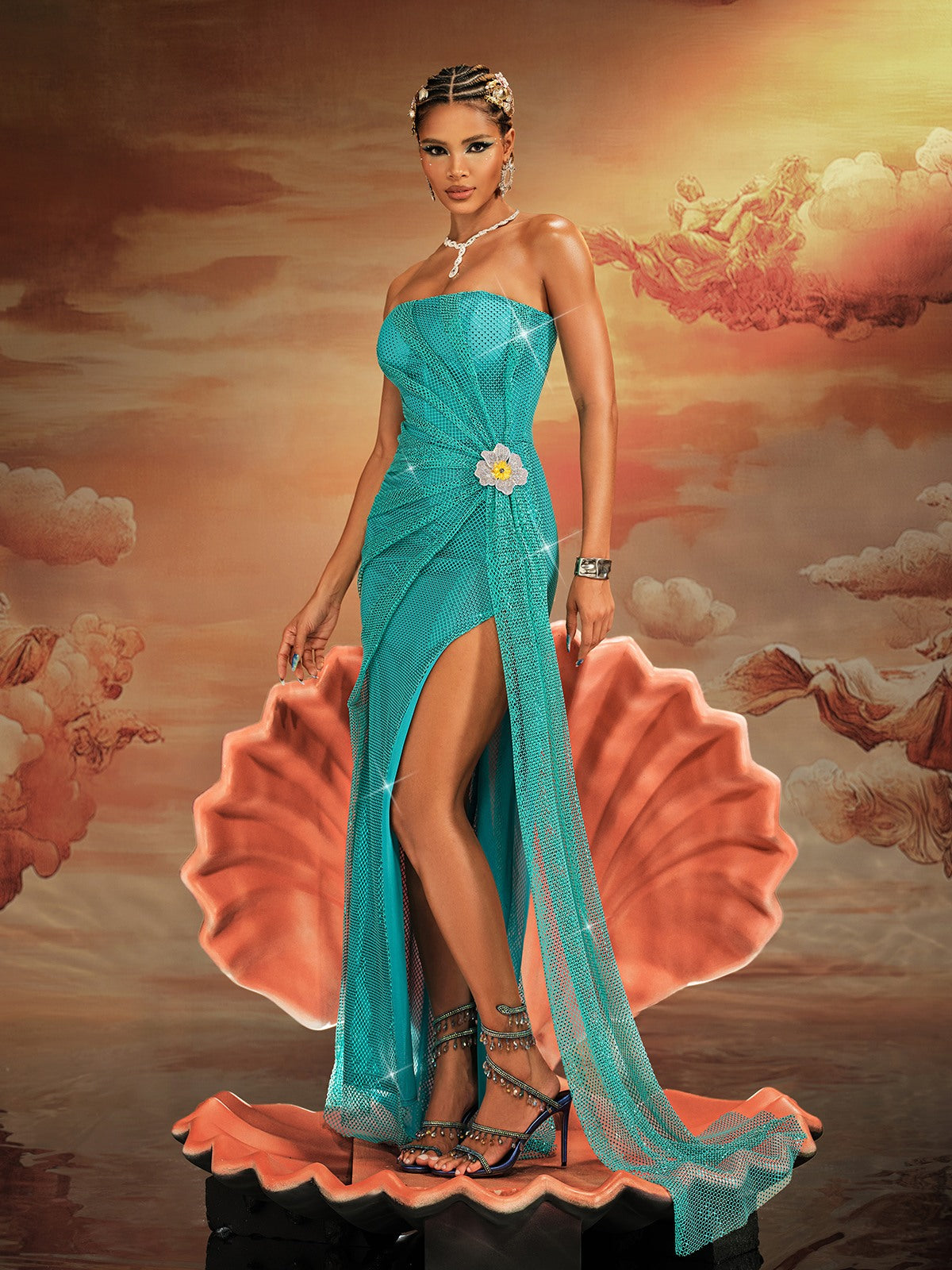 Norbert Straplez Drapeli Yırtmaçlı Maxi Elbise